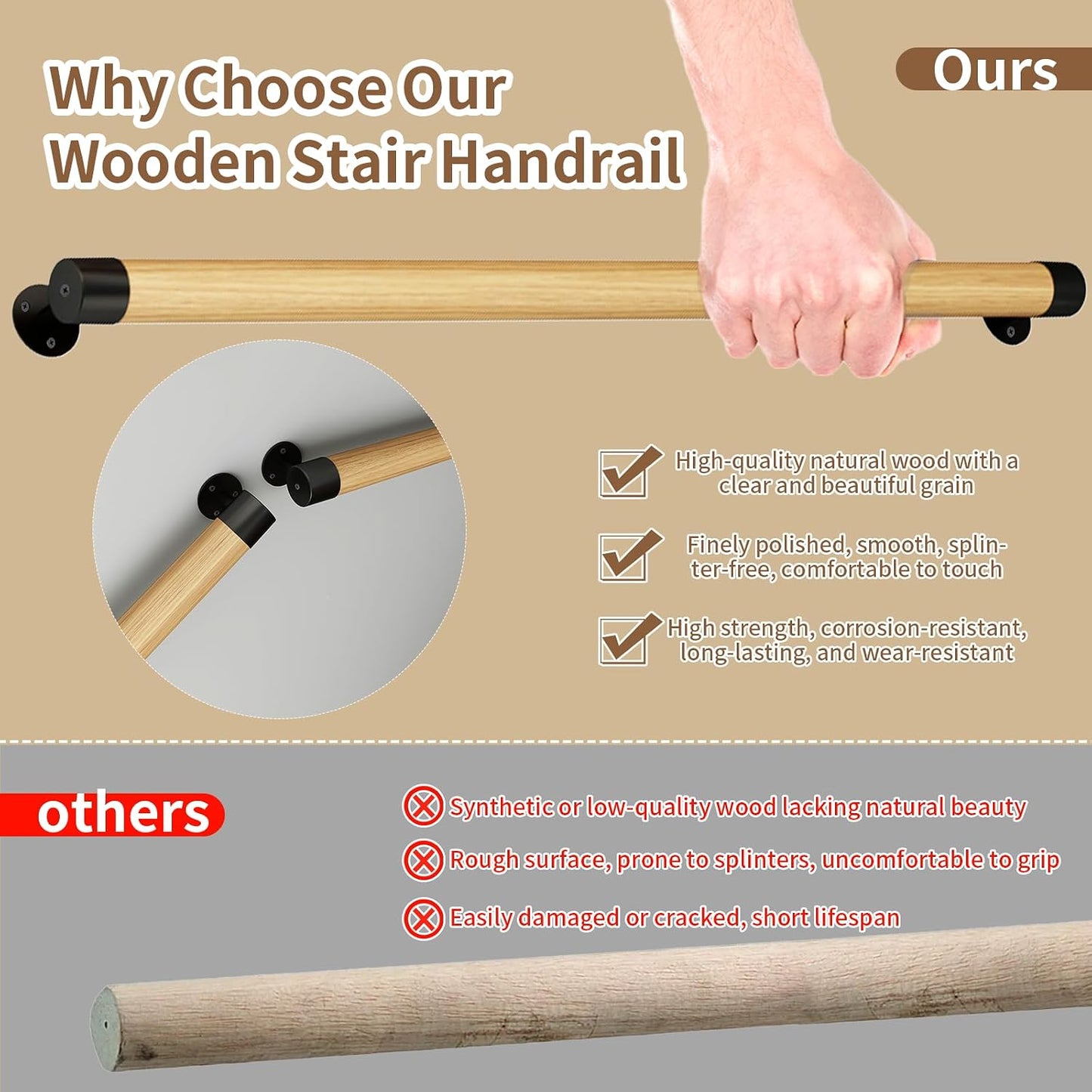 Barandilla madera escalera 11ft soporte pared antiderrap