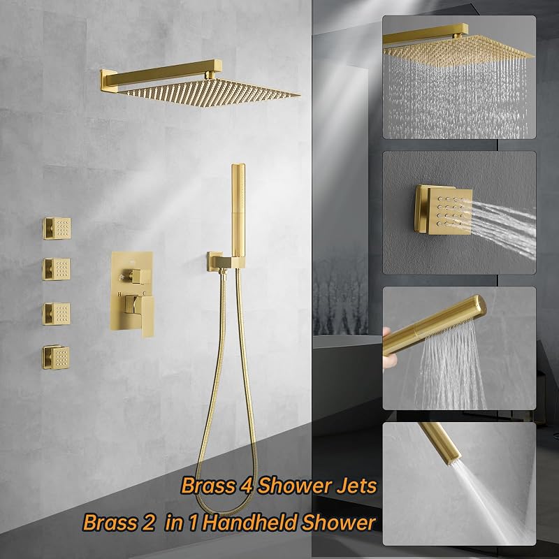 Grifo ducha lluvia 12" 4 accesorios cuerpo completo dorado