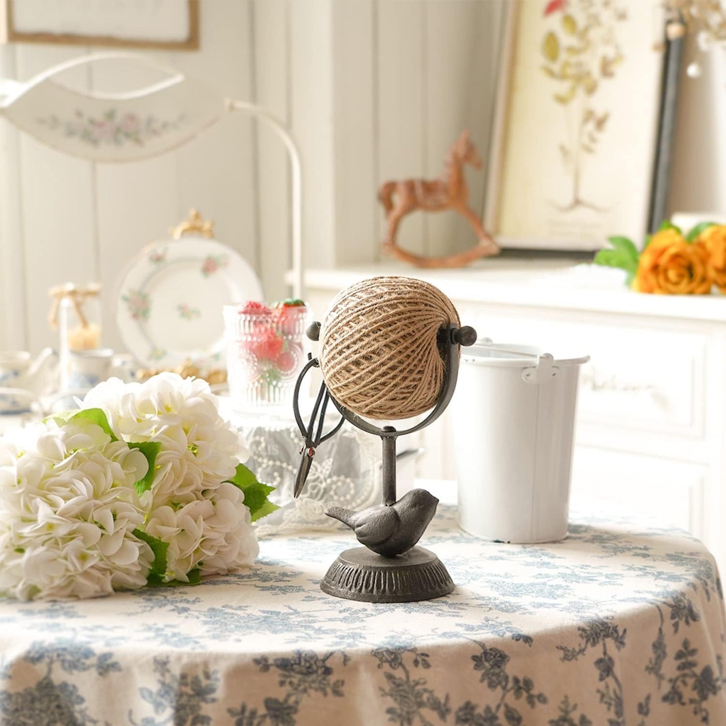 Carrete hilo yute soporte tijeras vintage