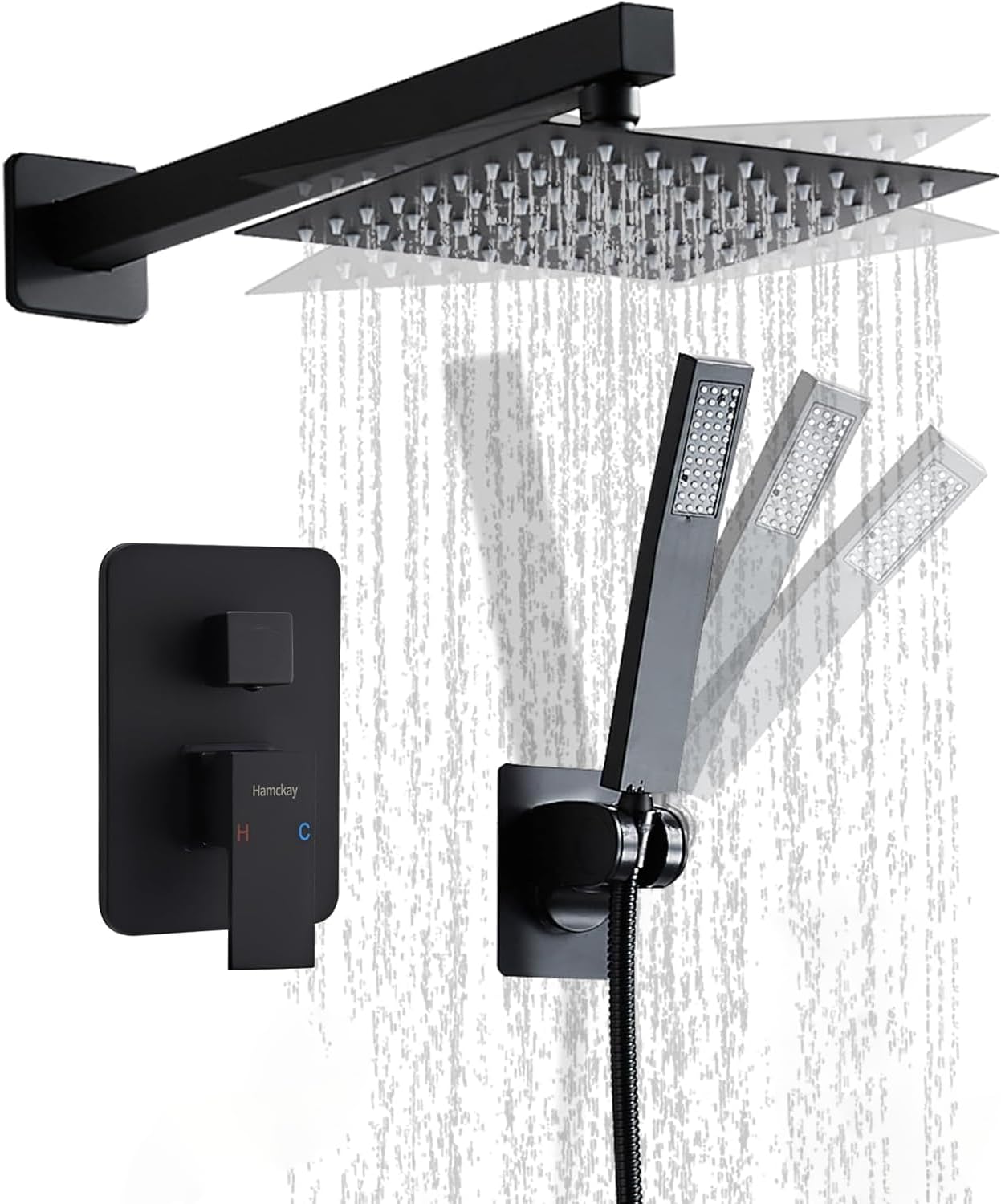 Set grifo ducha negro mate 12" cabezal lluvia cuadrado