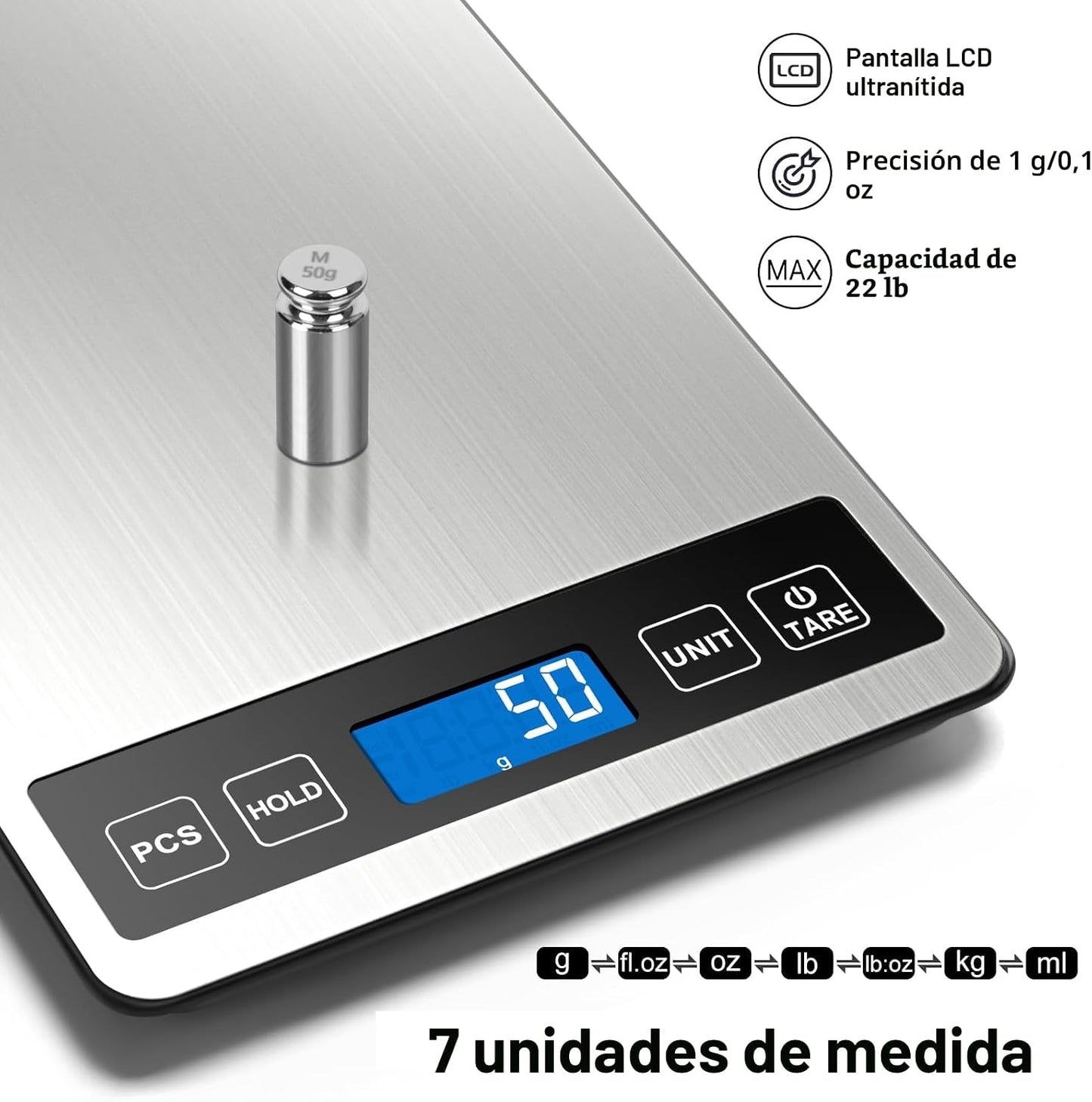 Báscula cocina digital 1g/0.1oz 22lb acero inox vidrio templado