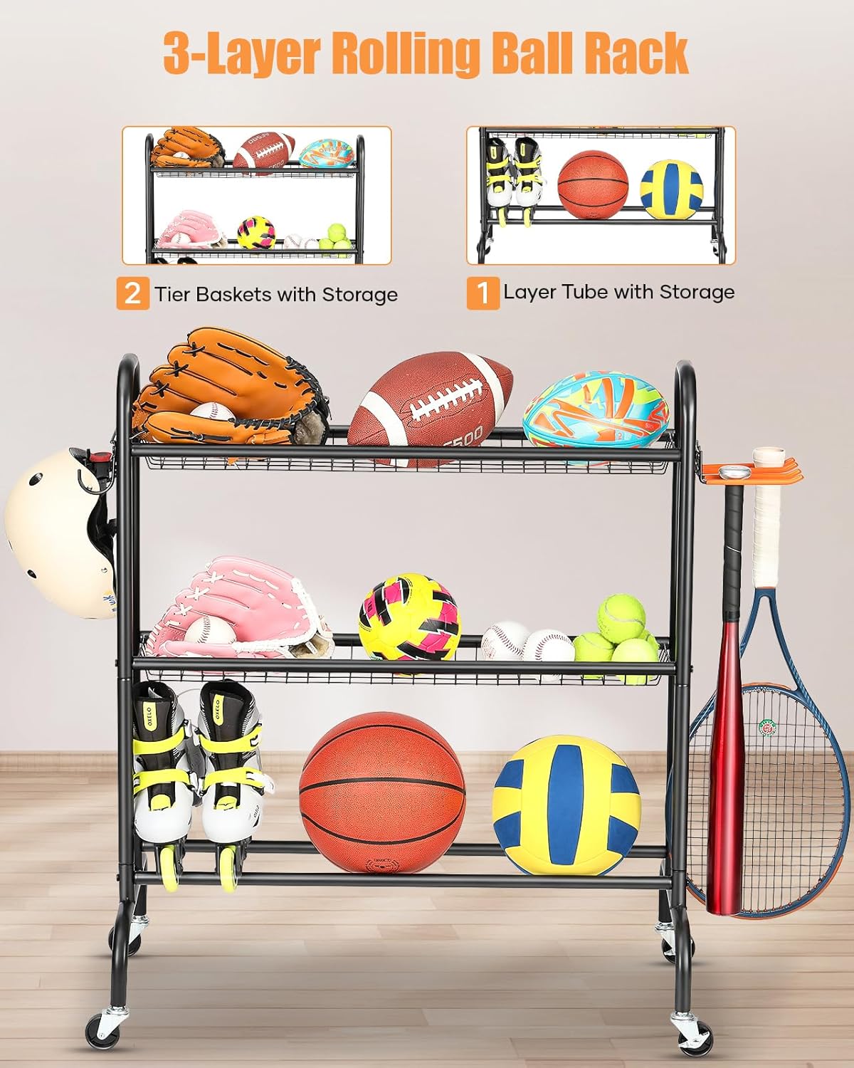 Estante baloncesto con ruedas 4 capas 2 cestas
