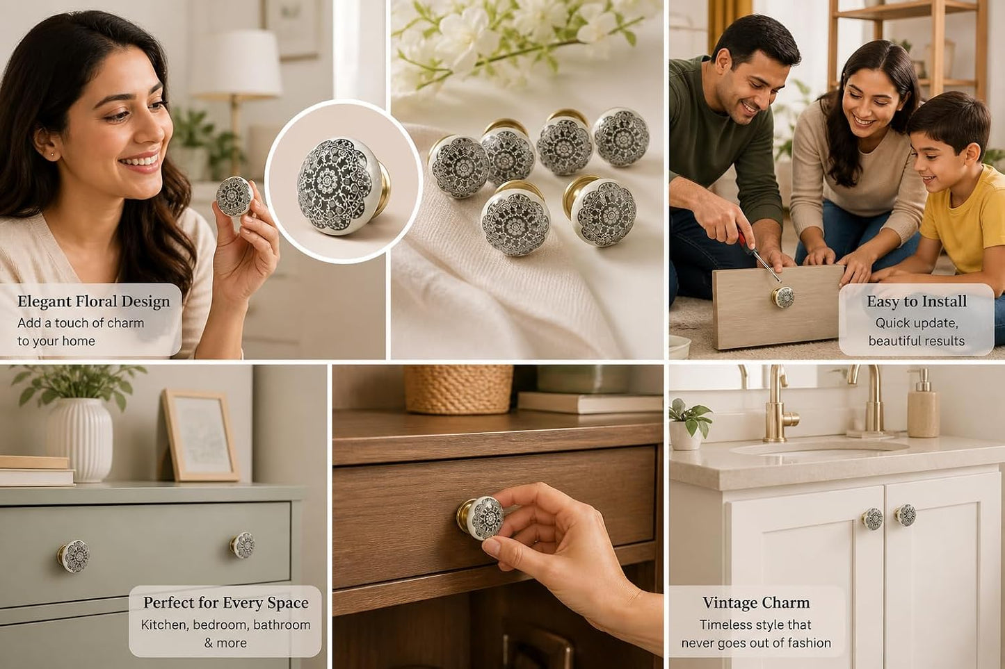 6 Pzas Pomos Cerámica Gris para Cajón Dormitorio Baño Cocina