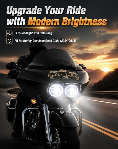 Faros LED duales con anillo halo para Harley Road Glide