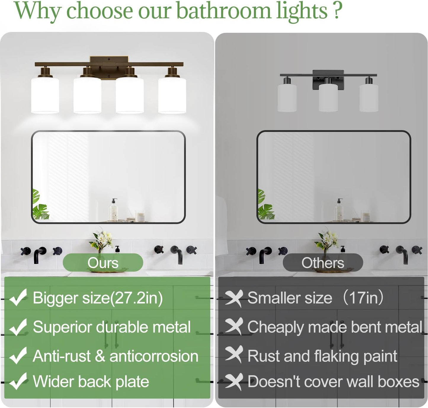 Lámpara baño 4 luces bronce frotado pantallas blanco