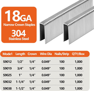 1000 Grapas Corona Estrecha 1-1/4pulg Acero Inox 304 18GA
