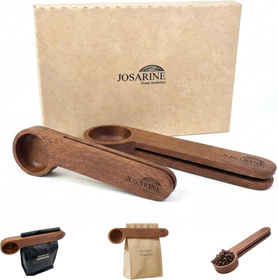 Paquete de 2 cucharas de café de madera de sapele medidoras y sellador de bolsas para granos molidos