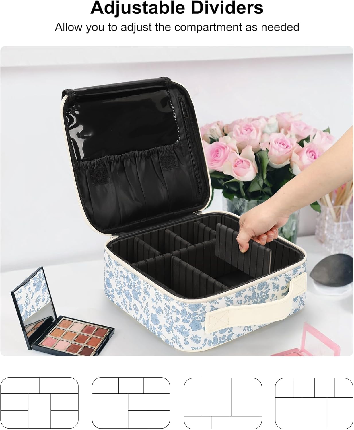 Estuche maquillaje viaje con divisores ajustables
