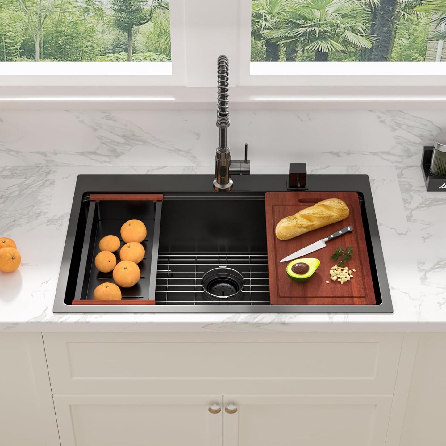 Fregadero cocina superior negro mate 33x22pulg con repisa