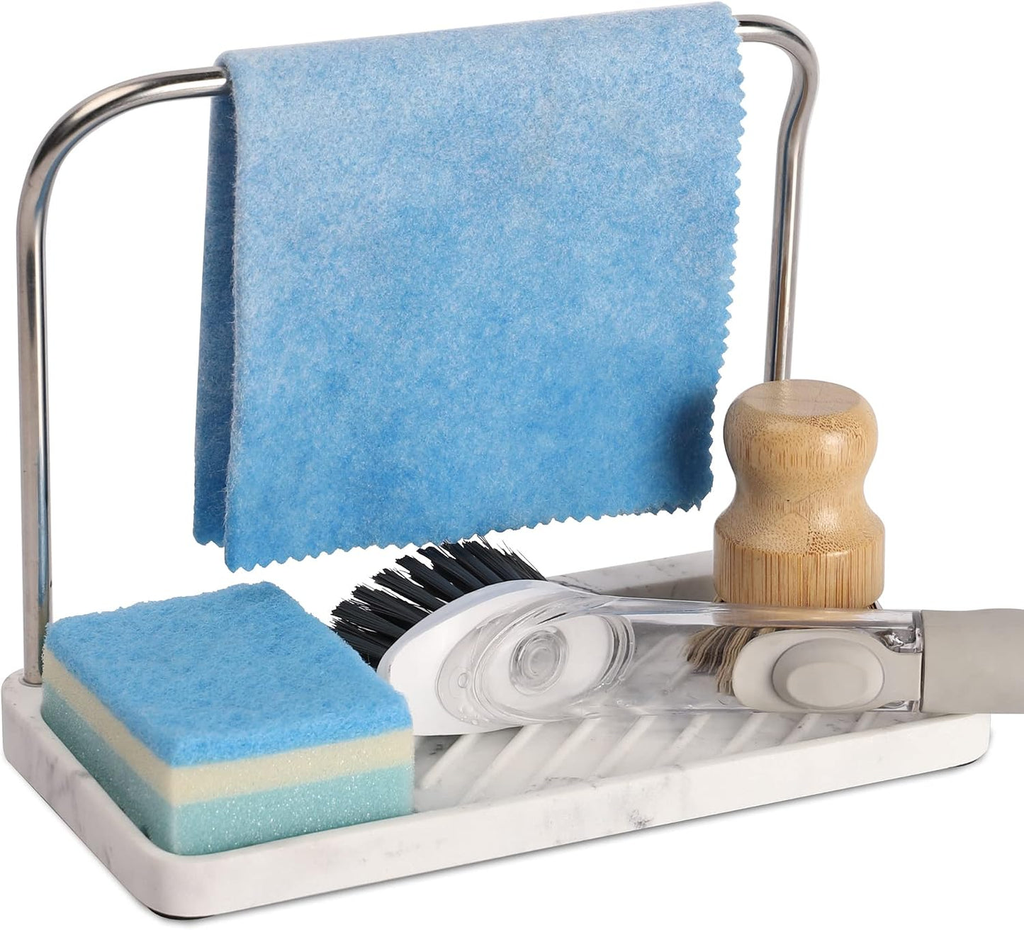 Soporte esponja acero inox dispensador jabón cepillos mármol blanco