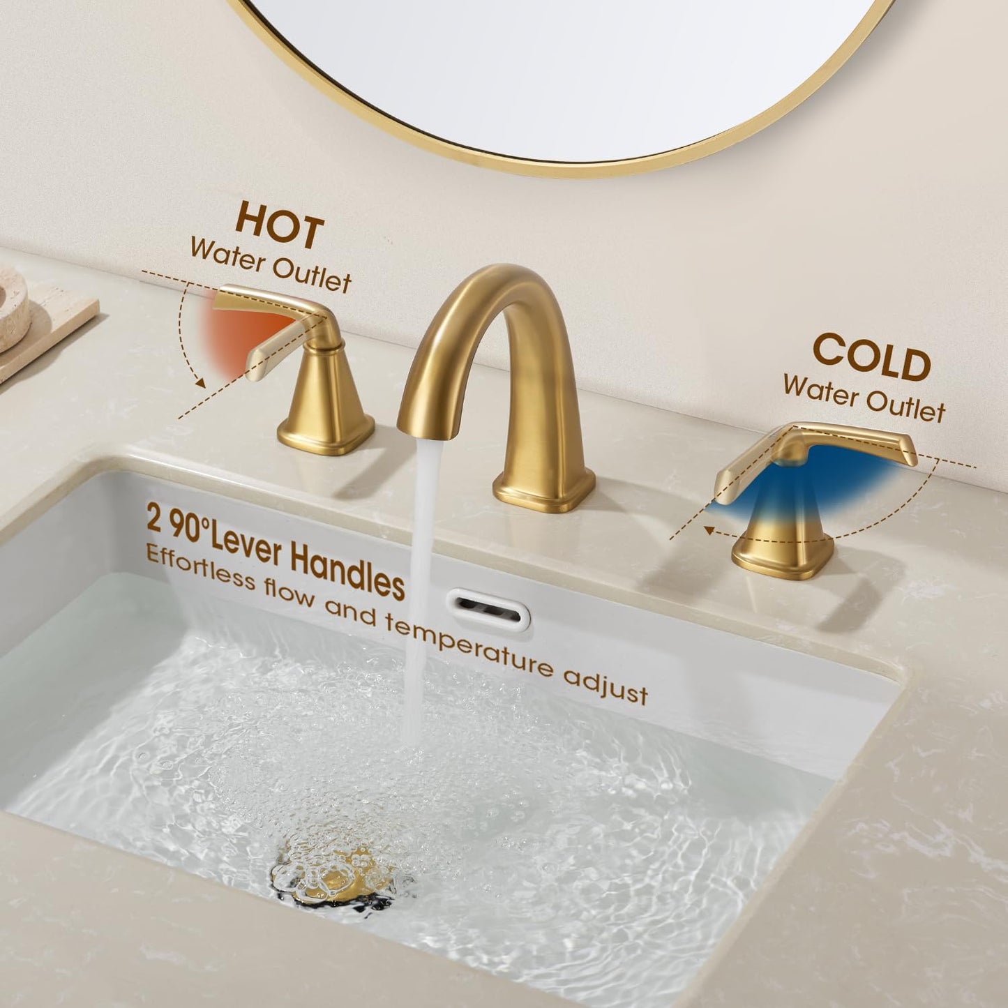 Grifo baño dorado cepillado 3 orificios con desagüe y
