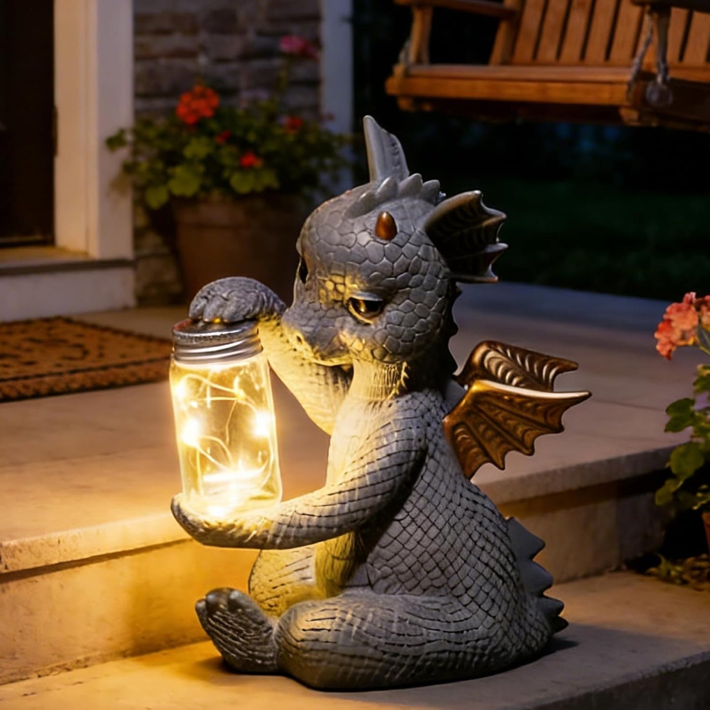 Estatua dragón bebé solar para jardín y hogar