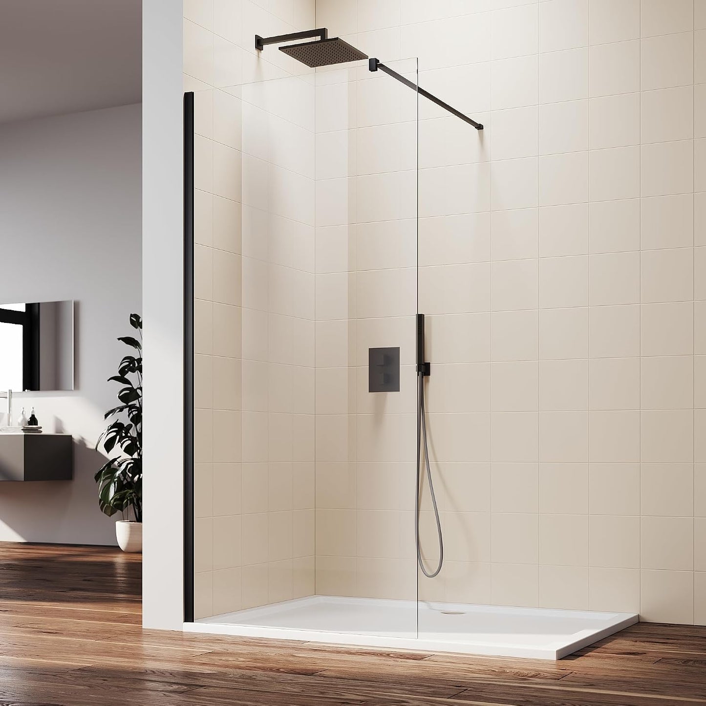 Puerta ducha vidrio templado 28x74pulg sin marco negro mate