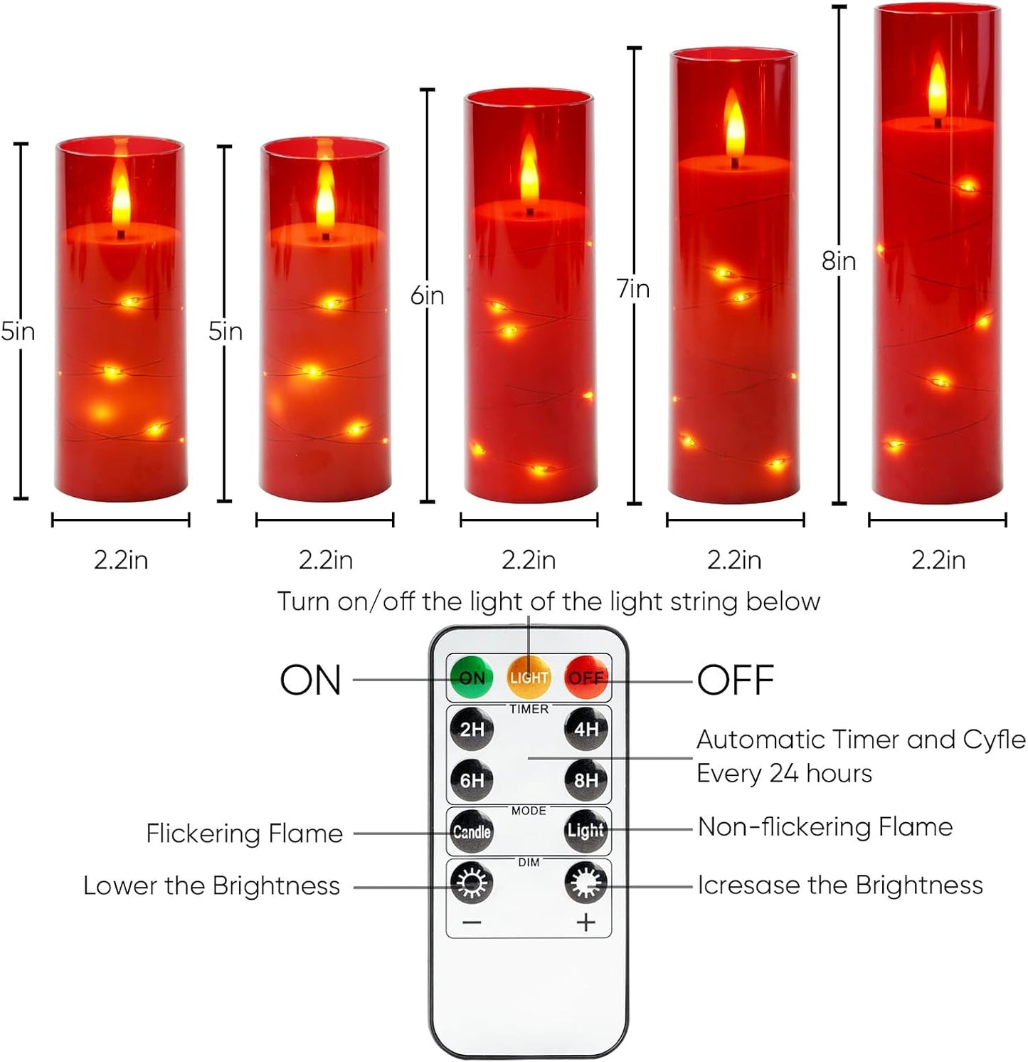 Set 5 velas LED acrílicas luces hadas estrella control remoto