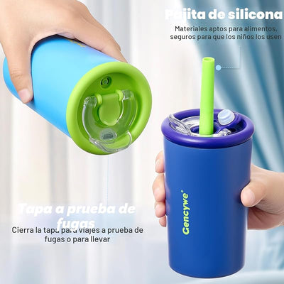 2 Vasos Acero Inox Doble Pared para Niños con Pajita y Tapas 12oz