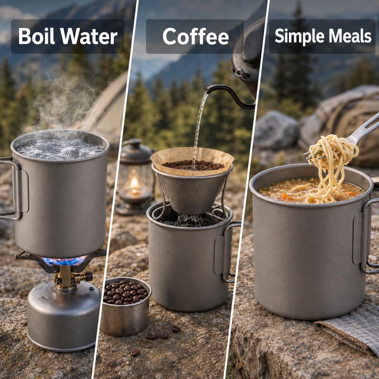 Taza titanio acampar 25oz con tapa asas plegables