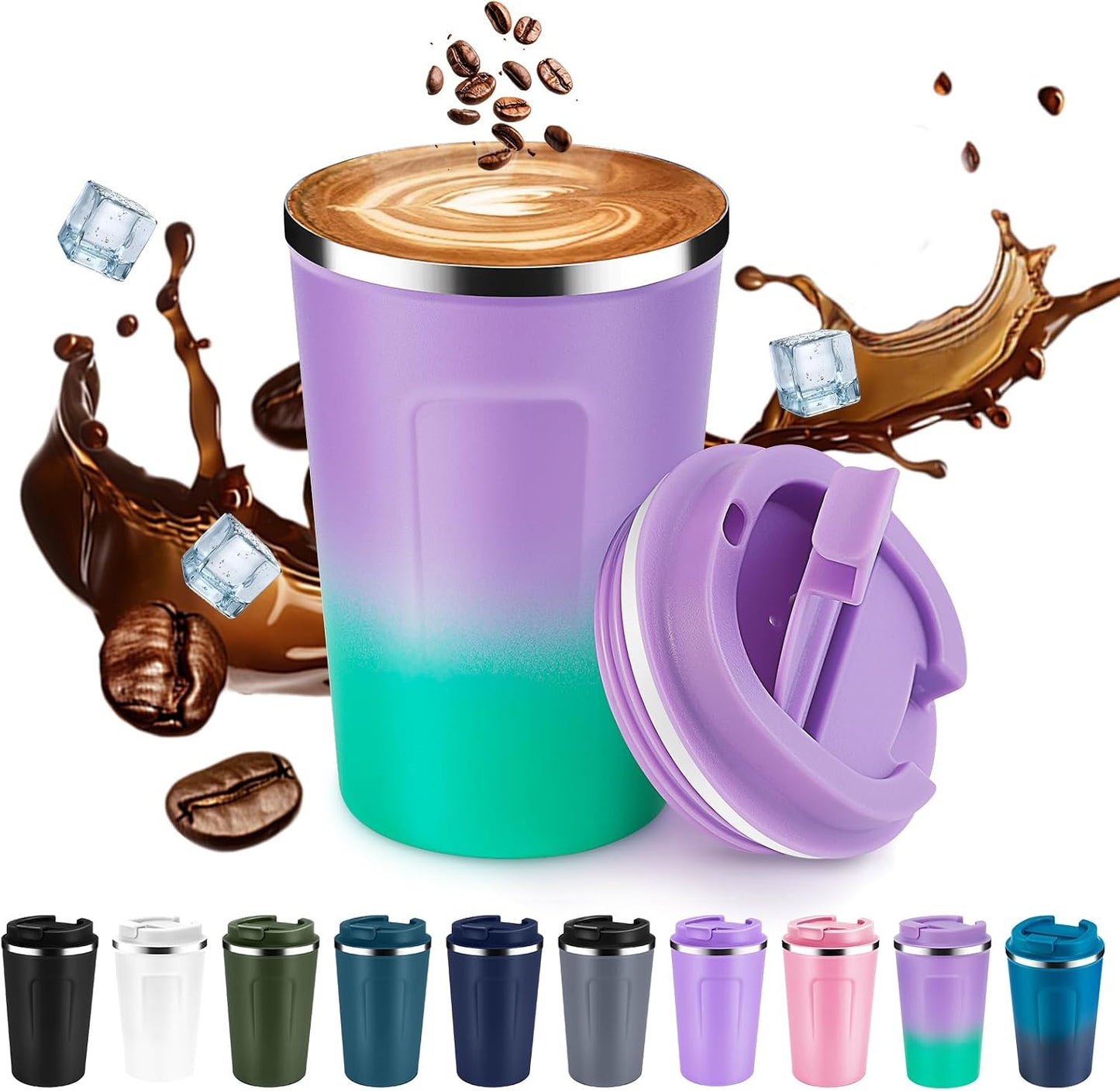 Vaso térmico acero inox 12oz doble pared con tapa abatible