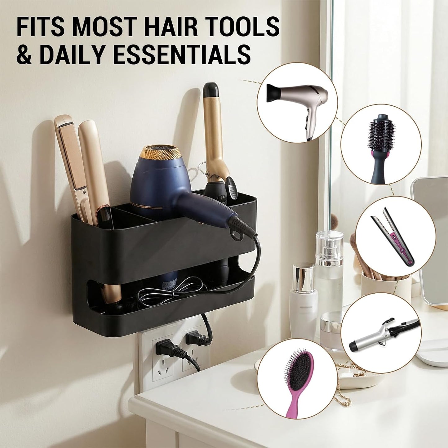 Soporte herramientas cabello negro metal pared