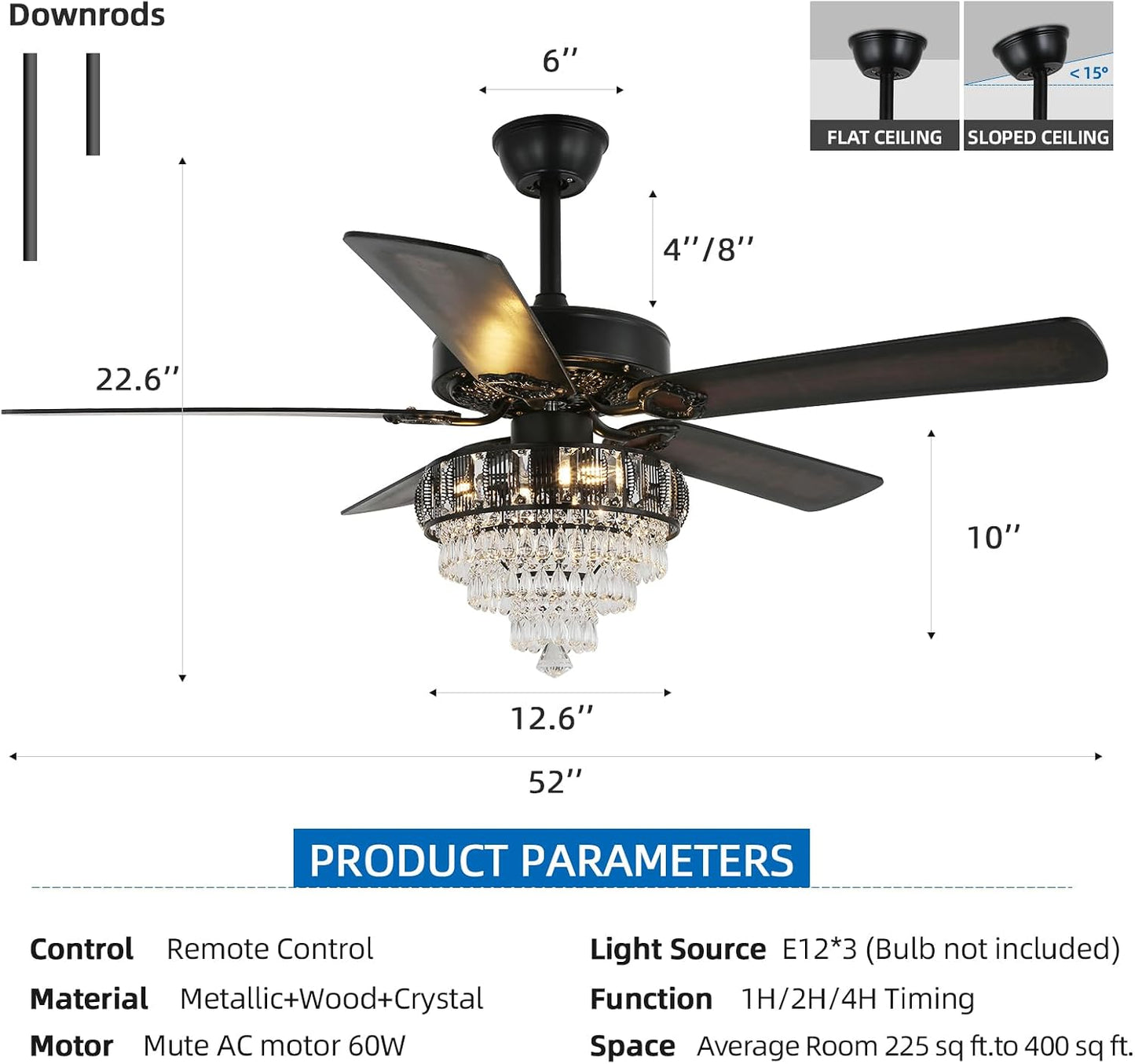 Ventilador techo cristal luces control remoto 52pulg