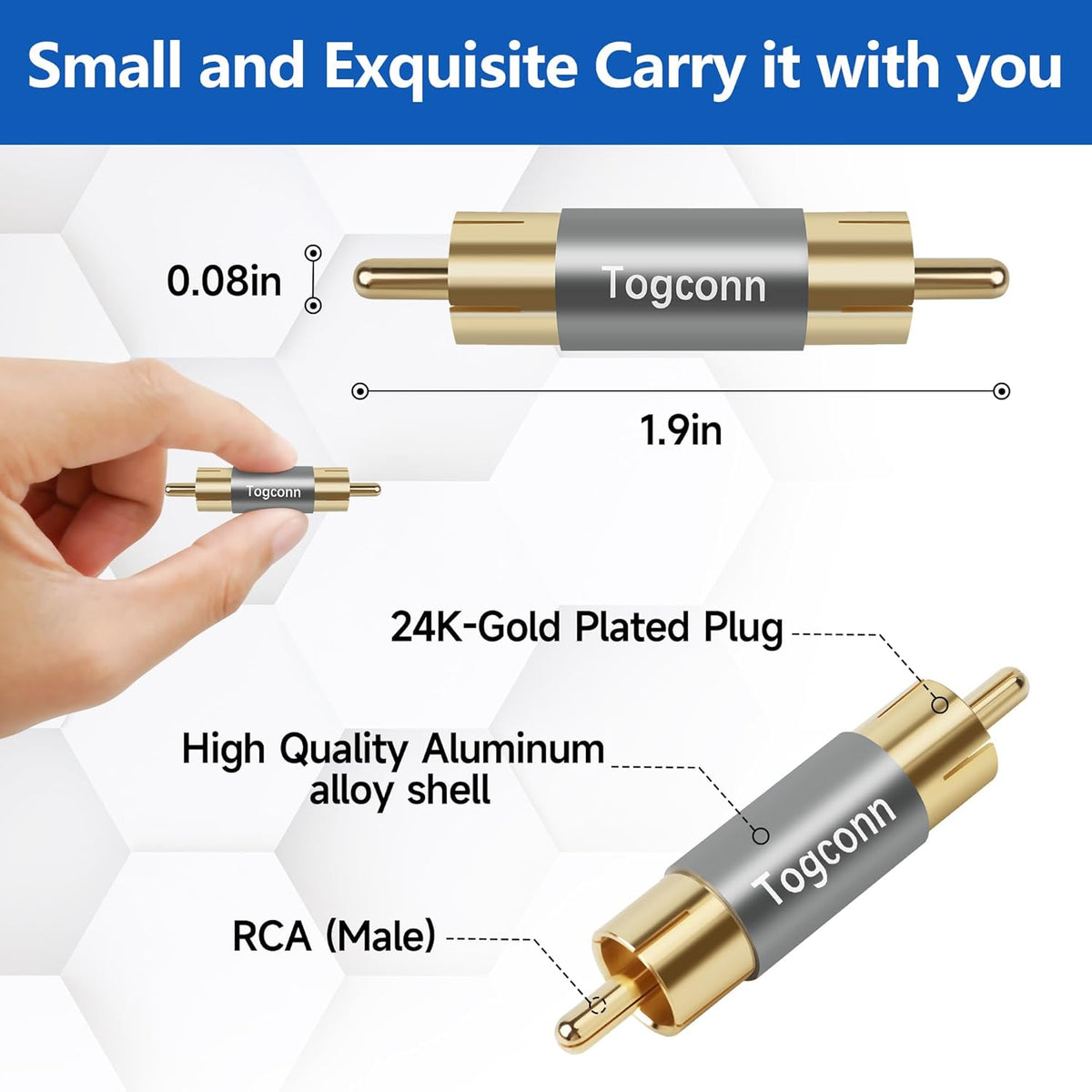 2 Pzas Adaptador RCA Macho a Macho Chapado Oro para HDTV y Audio