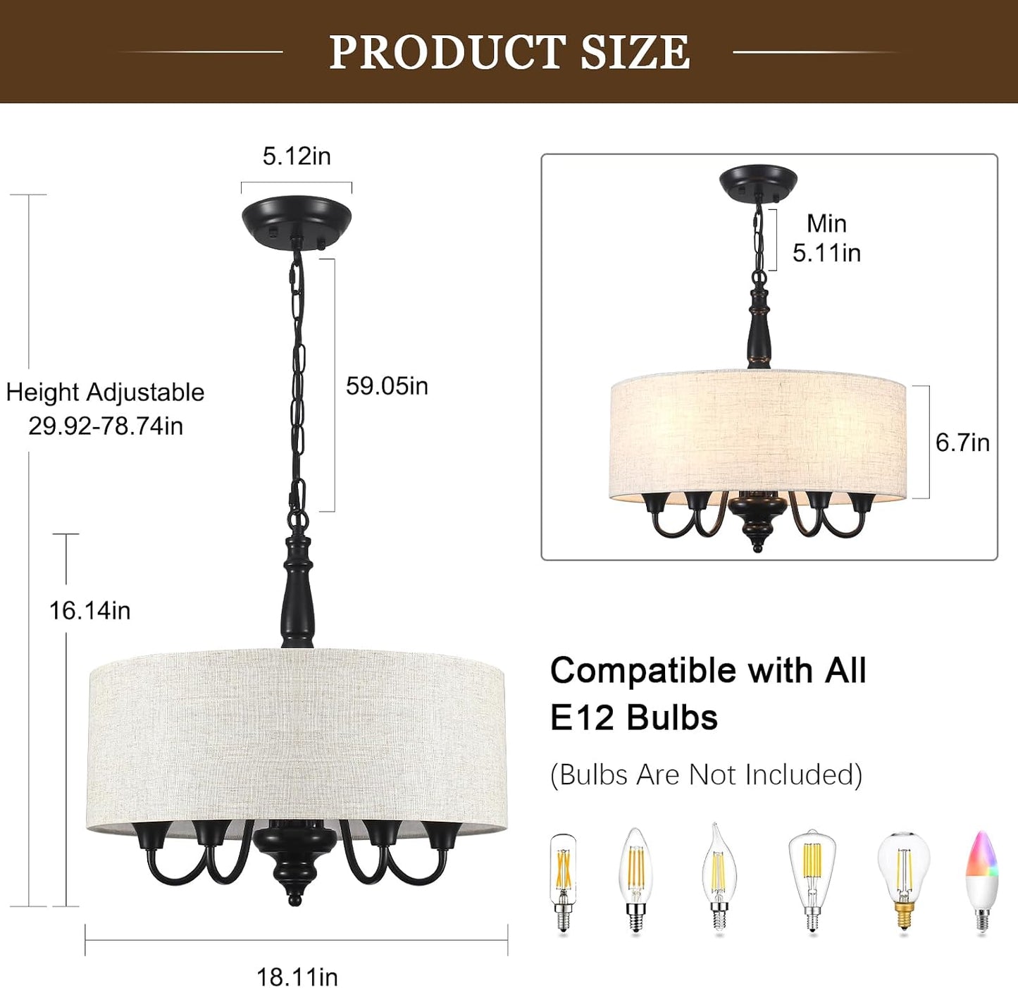 Candelabro tambor 5 luces negro 18pulg colgante rústica