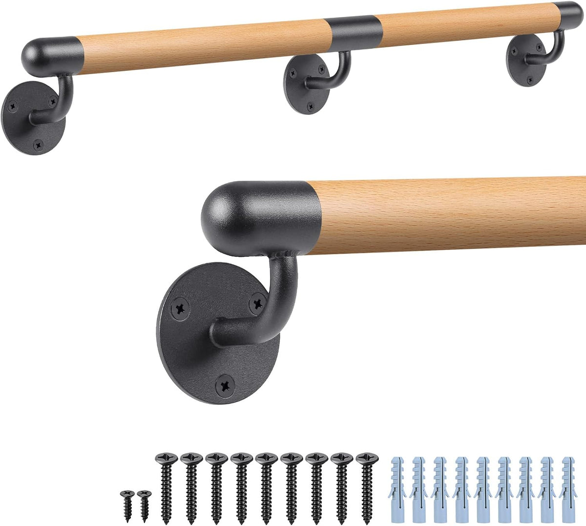 Pasamanos madera 60pulg escalera barra metal antiderrap