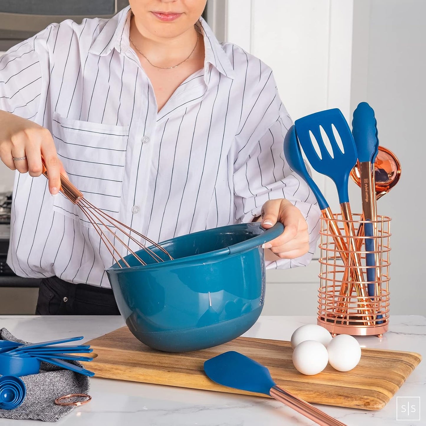Set 17 Pzas Utensilios Silicón Cobre Azul