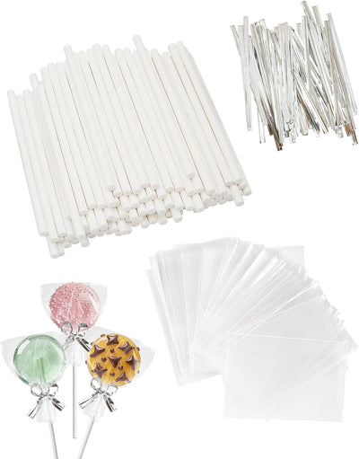 Juego de palitos y bolsas blancas 4 pulgadas 100 palitos de caramelo papel 100 bolsas transparentes 100 lazos giratorios para dulces duros chocolate galletas postres