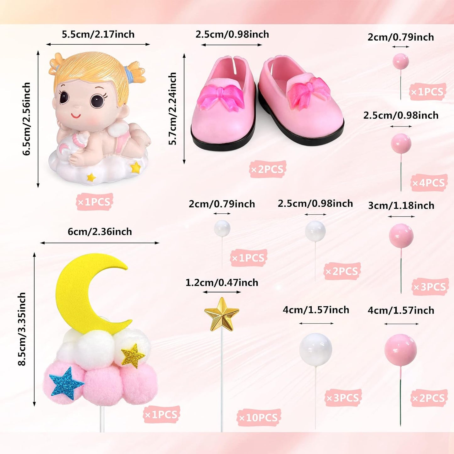 30 Pzas Decoración Rosa para Tarta Bebé Niña