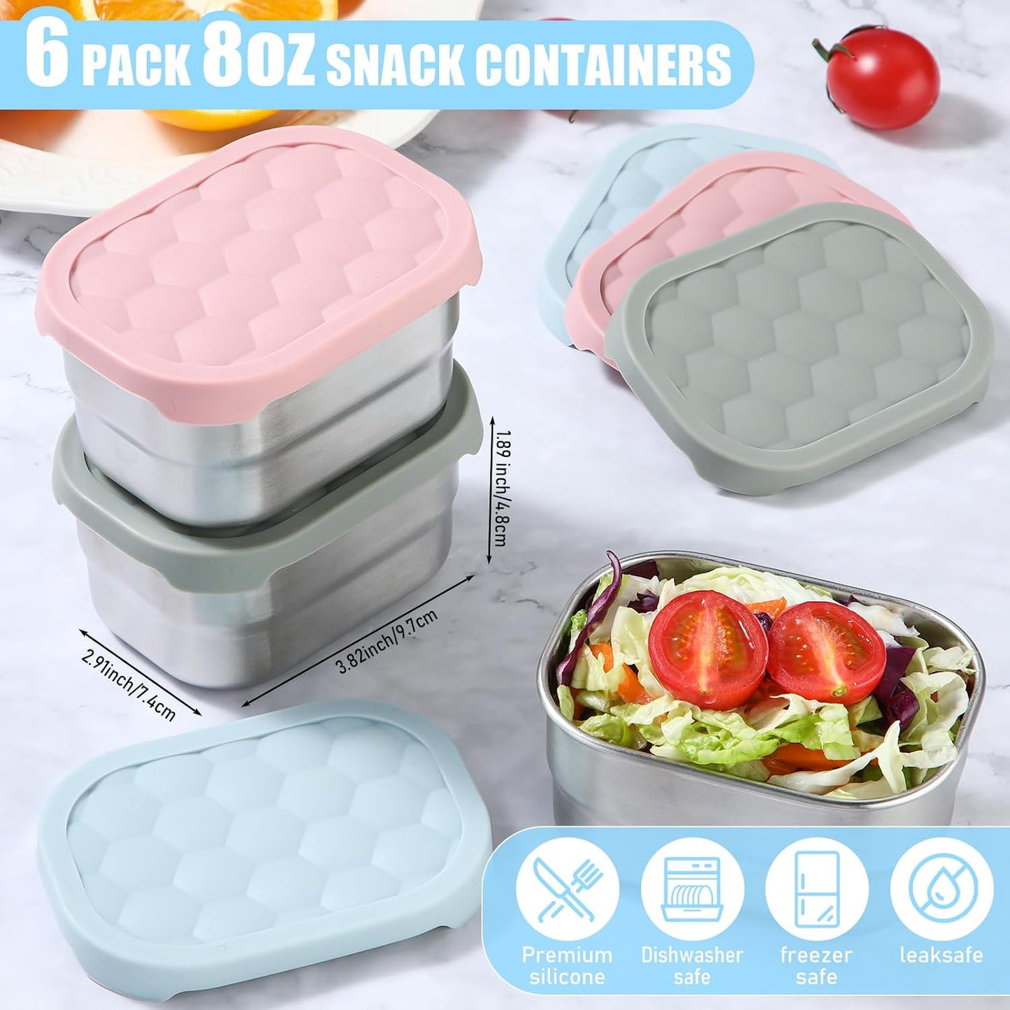 6 Recipientes Acero Inox 8oz con Tapas Silicona para Niños