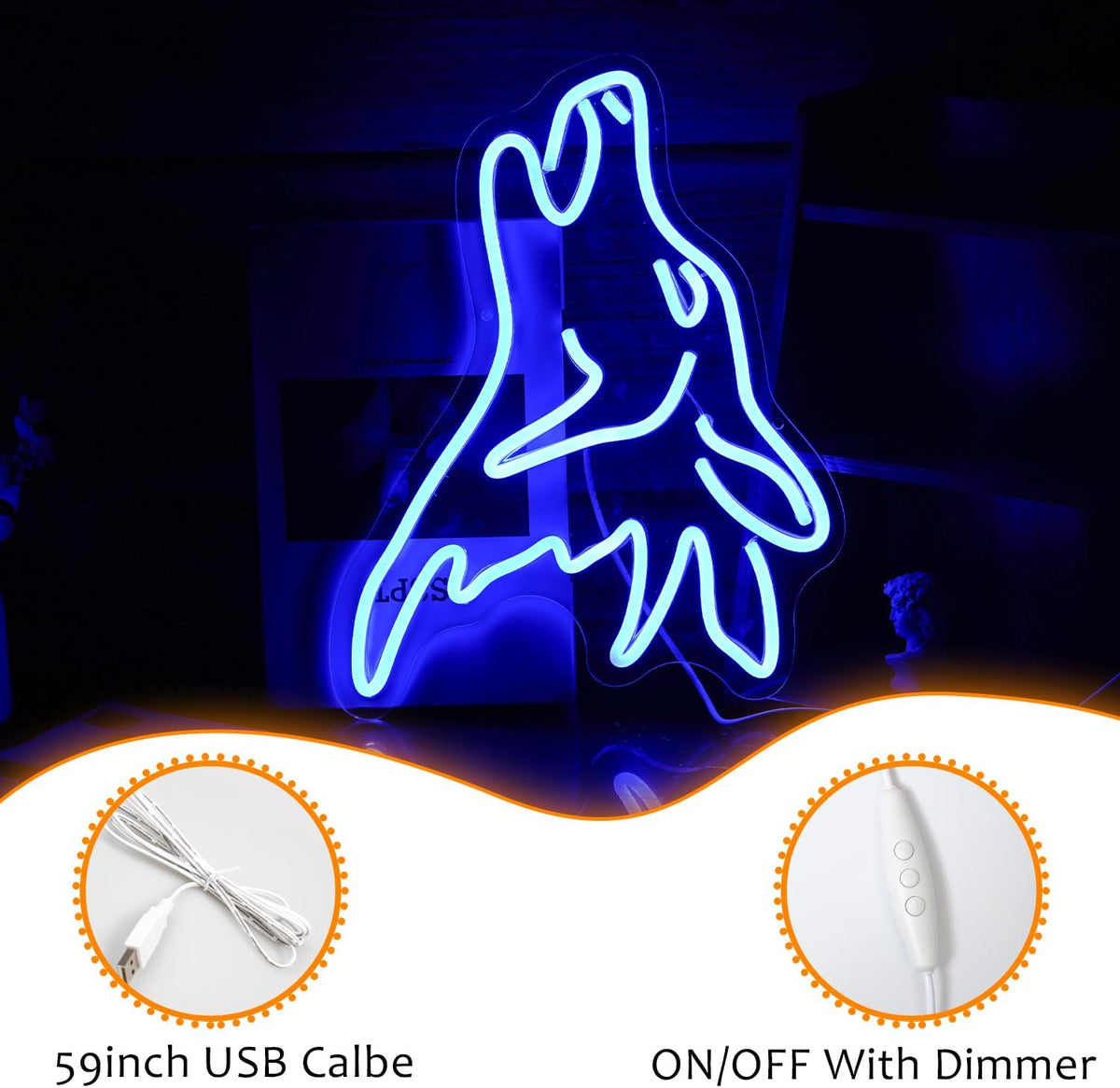 Letrero neón lobo azul LED regulable USB decoración hogar
