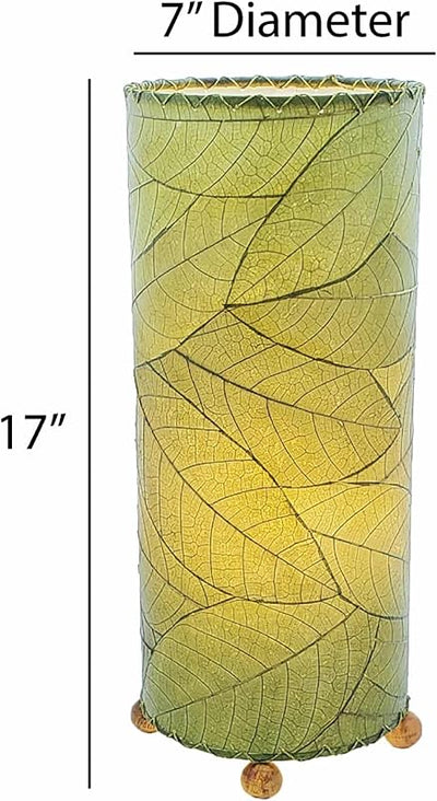 Lámpara mesa cilíndrica hoja cacao pantalla verde 7x7x17"