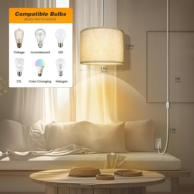 Lámpara colgante enchufable 15ft con pantalla lino beige