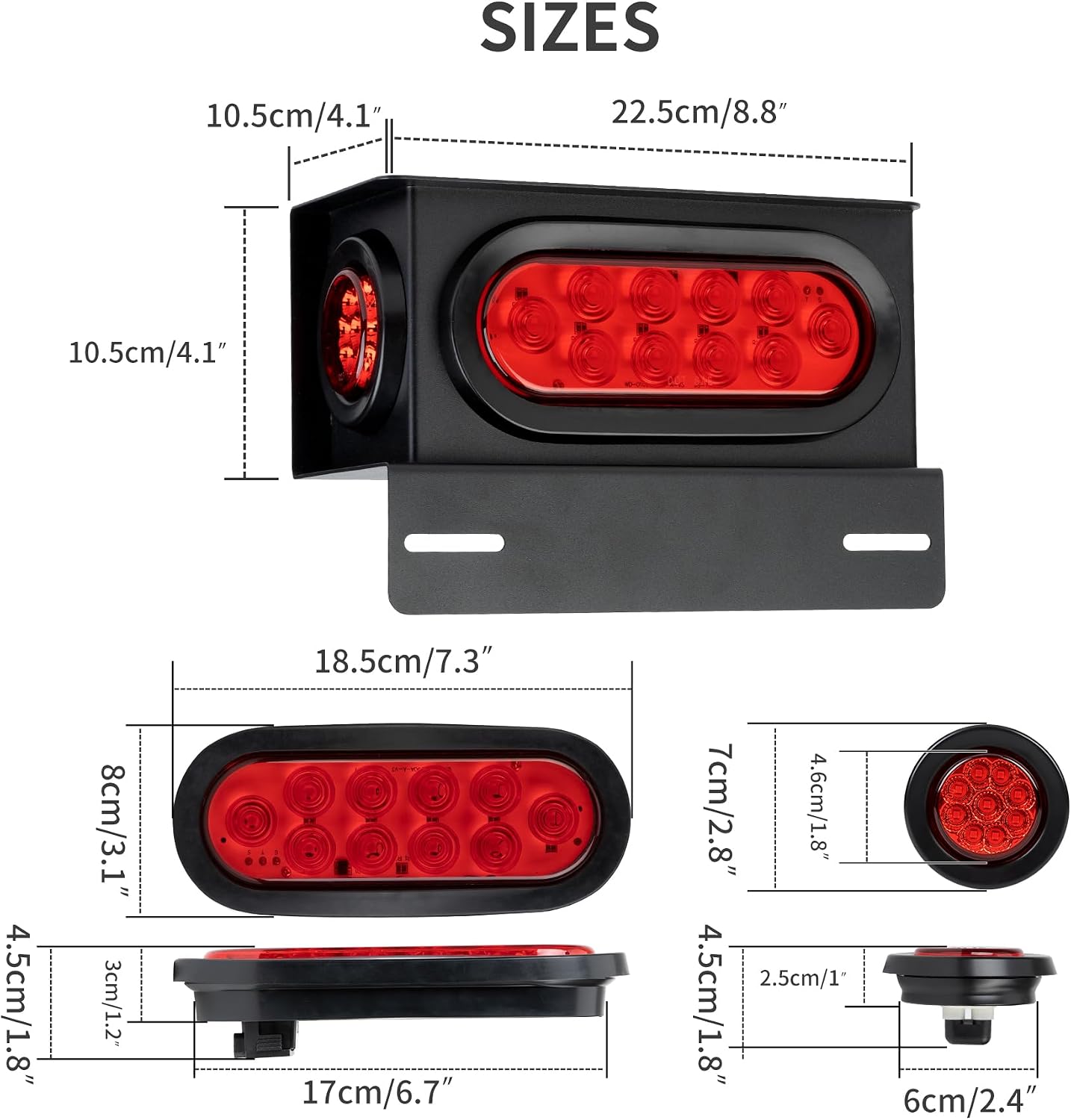 Kit 2 cajas luz LED remolque oval 6pulg y redondas 2pulg rojo