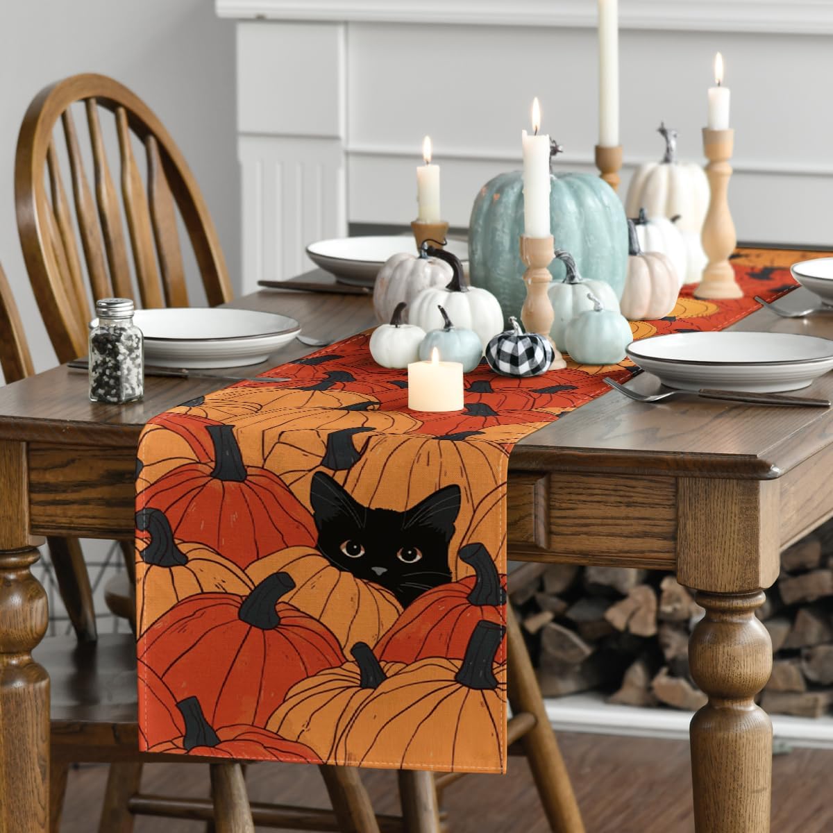 Calabazas gato negro camino mesa otoño decoración 13x36pulg