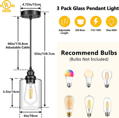 Pack 3 Luminarias Colgantes Negro Vidrio Transparente Moderna