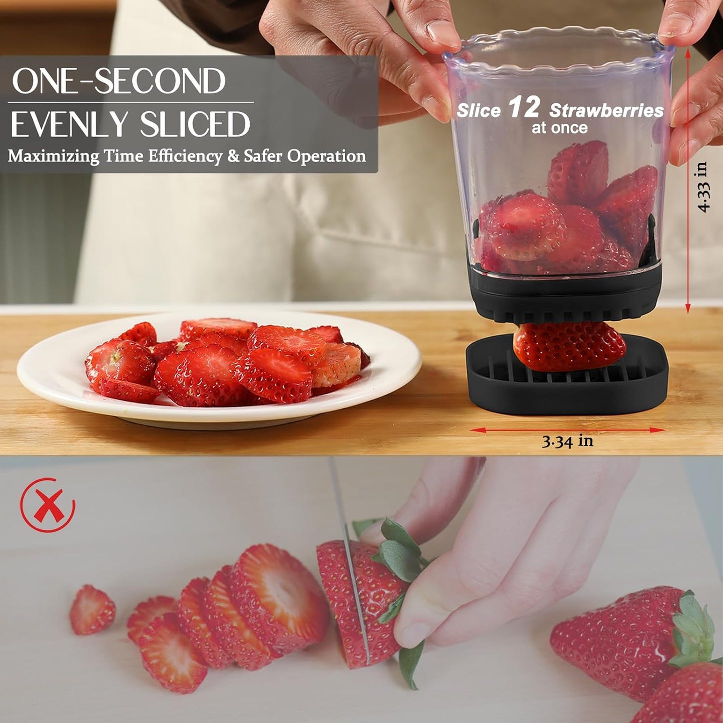 Cortador frutas 2en1 acero inox con placa presión