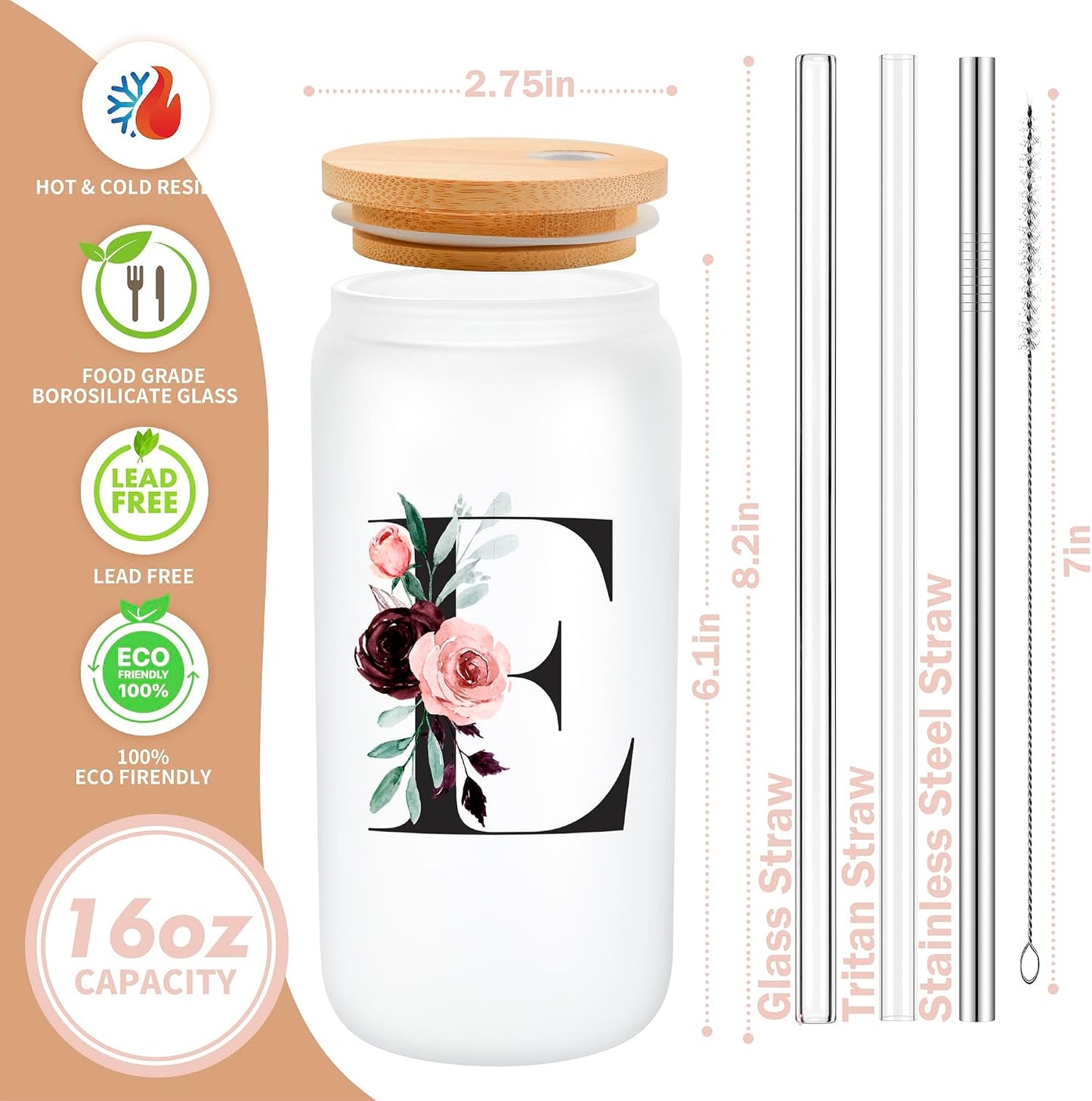 Taza vidrio con monograma tapa pajita para mujer