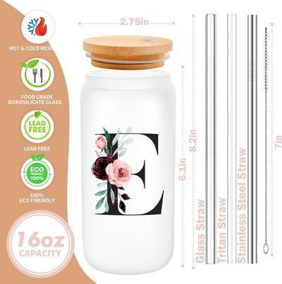 Taza vidrio personalizada con inicial y pajita para regalo mujer