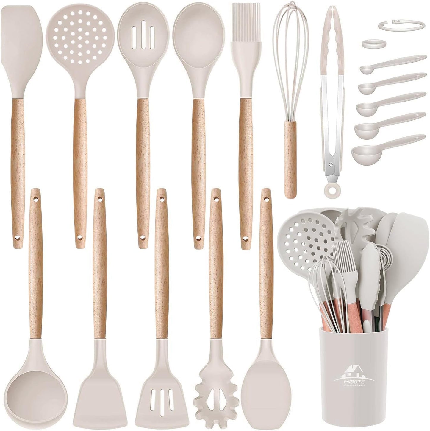 Juego utensilios cocina silicona con soporte mangos madera sin BPA