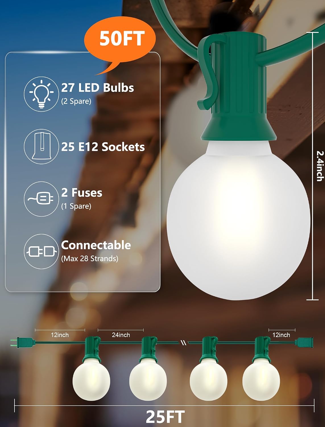 Luces LED Navidad exteriores 50ft 27 bombillas blancas