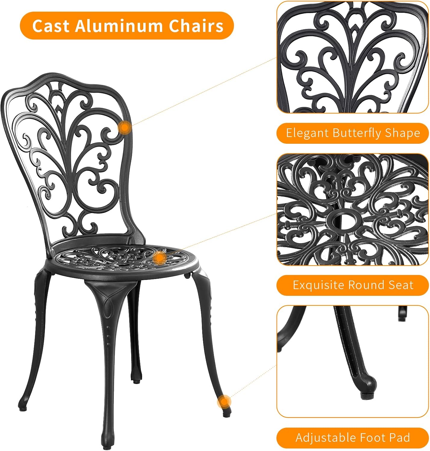 Set 3 Pzas Mesa Bistró Aluminio Sillas Negro