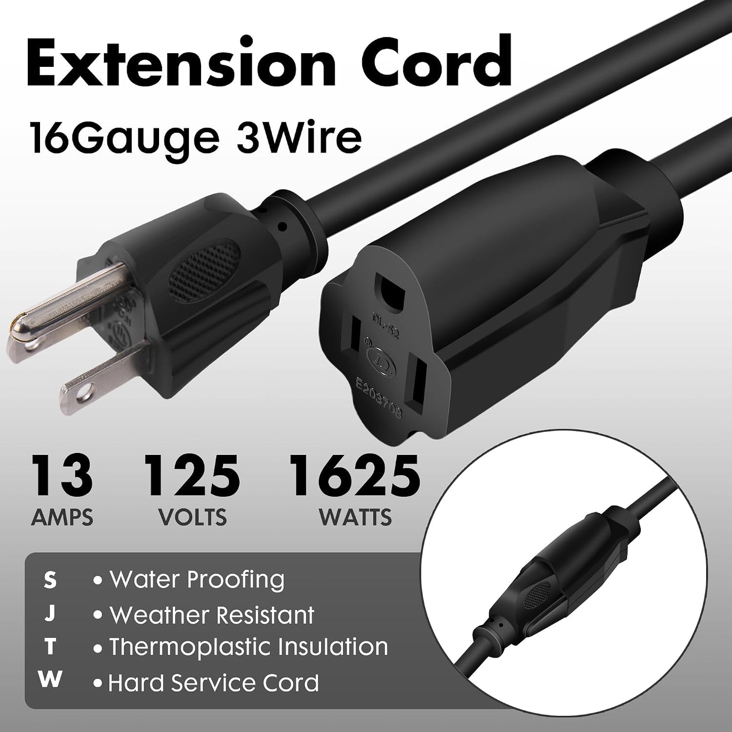 Extensión cable 20ft exterior negro resistente agua