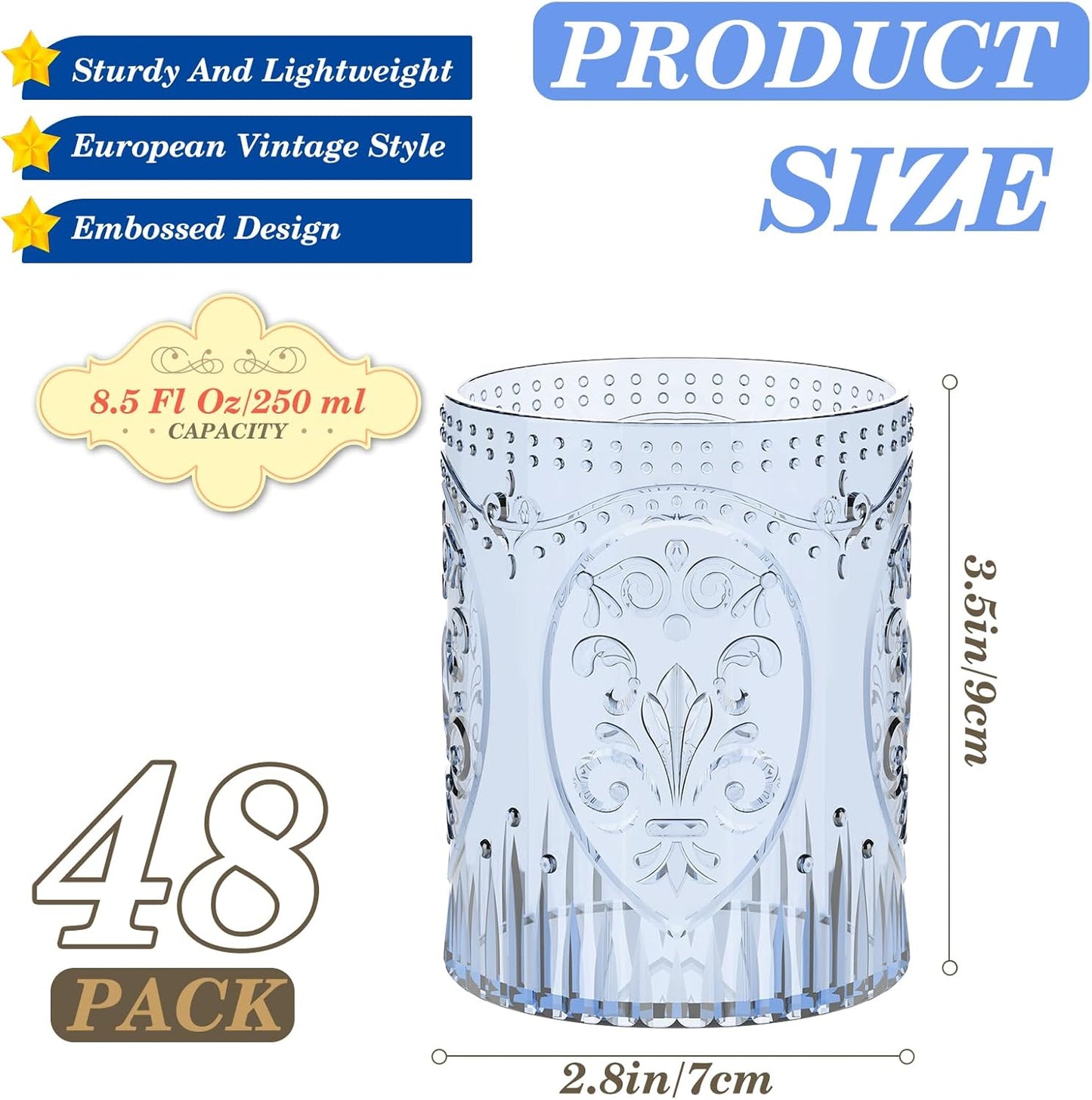 48 Vasos Plástico Vintage 8.5oz Copas Vino Retro Azul