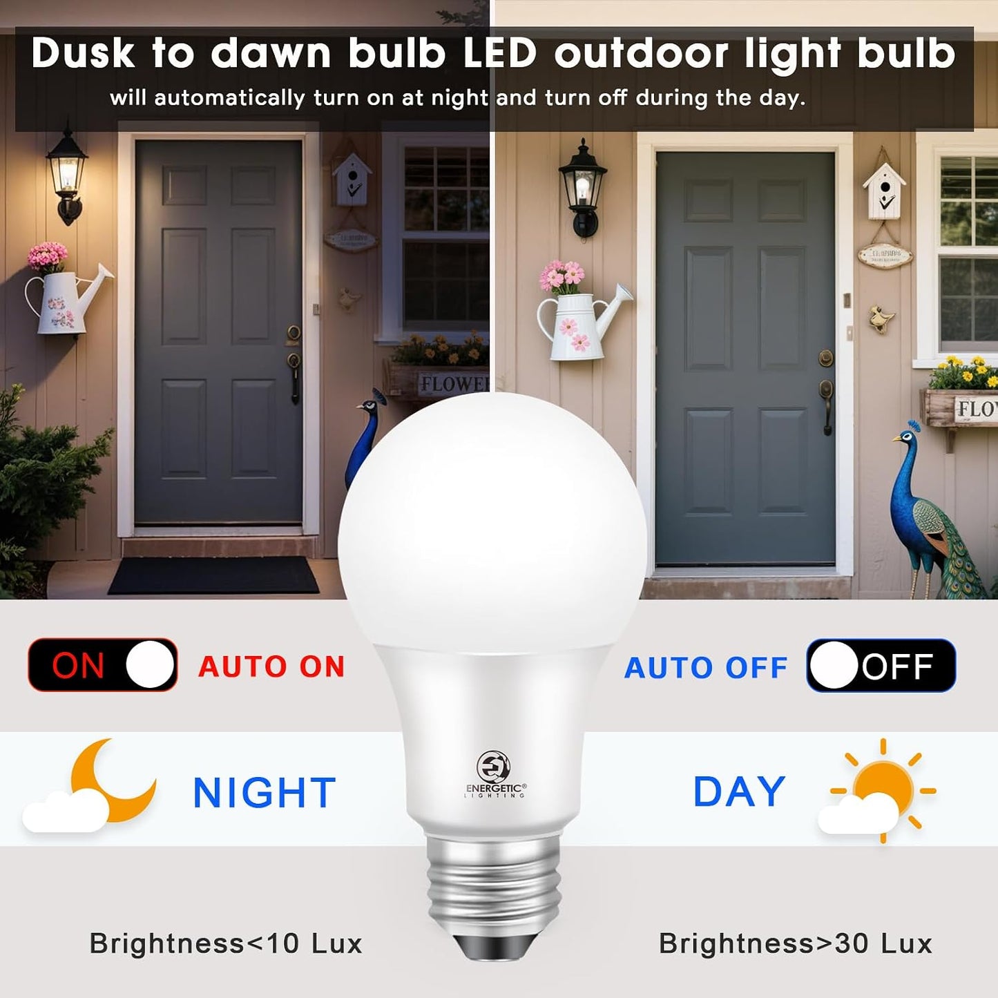 Bombilla LED exterior 9W 3000K con sensor automático base