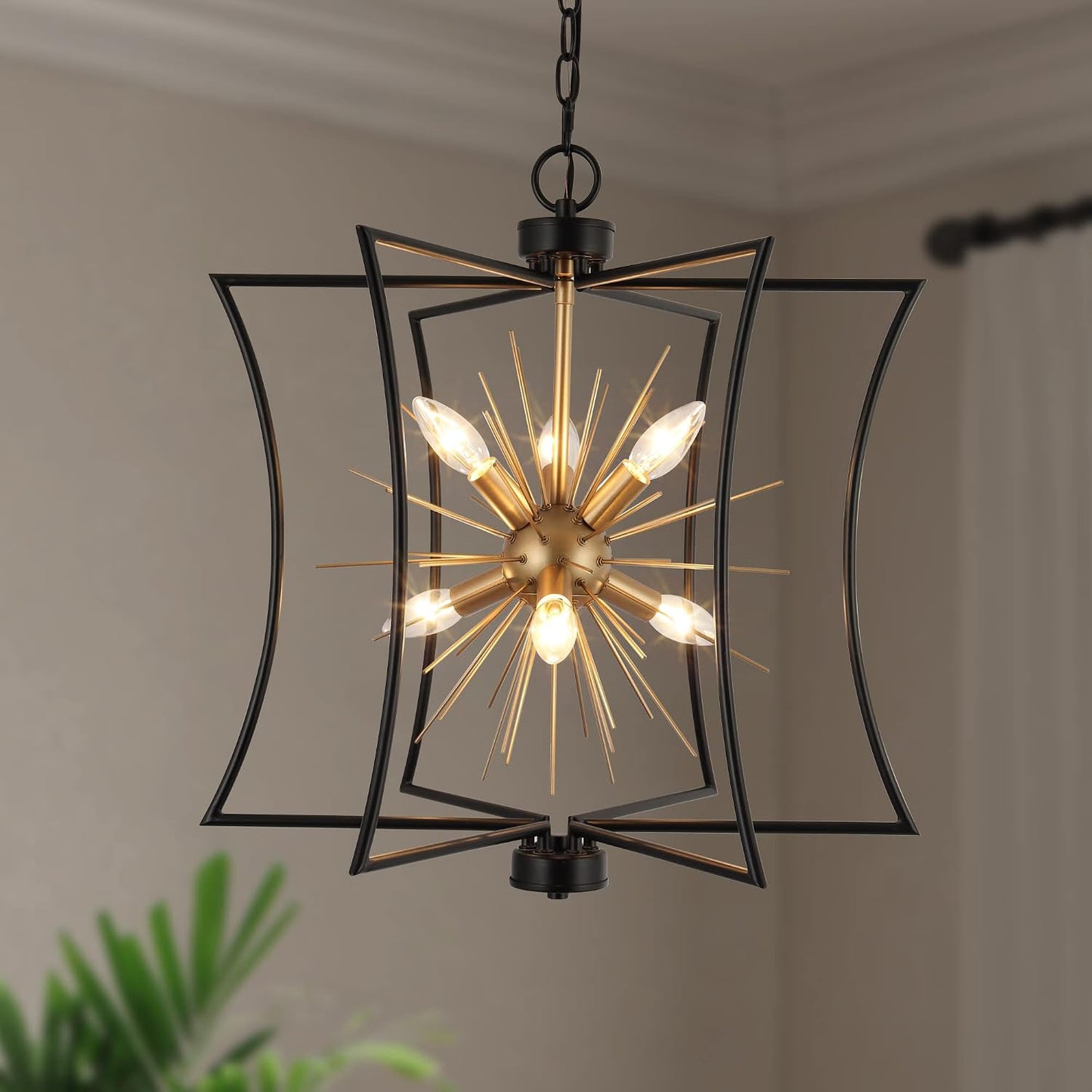 Candelabro Sputnik 6 luces negro y dorado diseño estrellas
