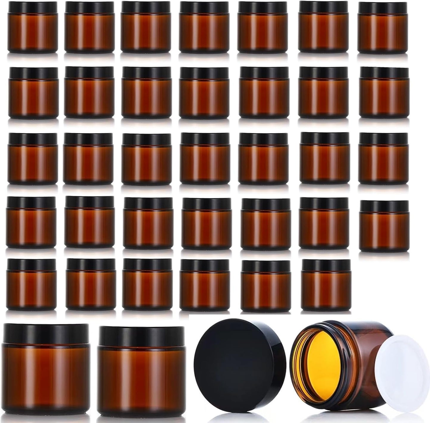 36 Tarros Vidrio Ámbar 2oz con Tapas Negras Reutilizables