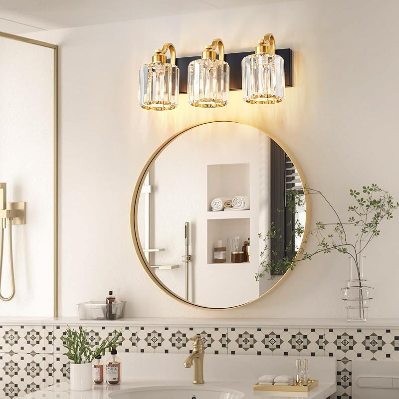 Lámpara baño cristal 3 luces negras y doradas