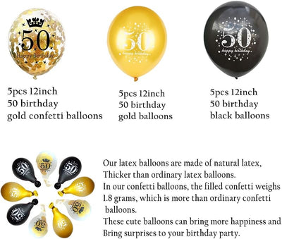 Globos cumpleaños 50 dorados y negros 12pulg con confeti
