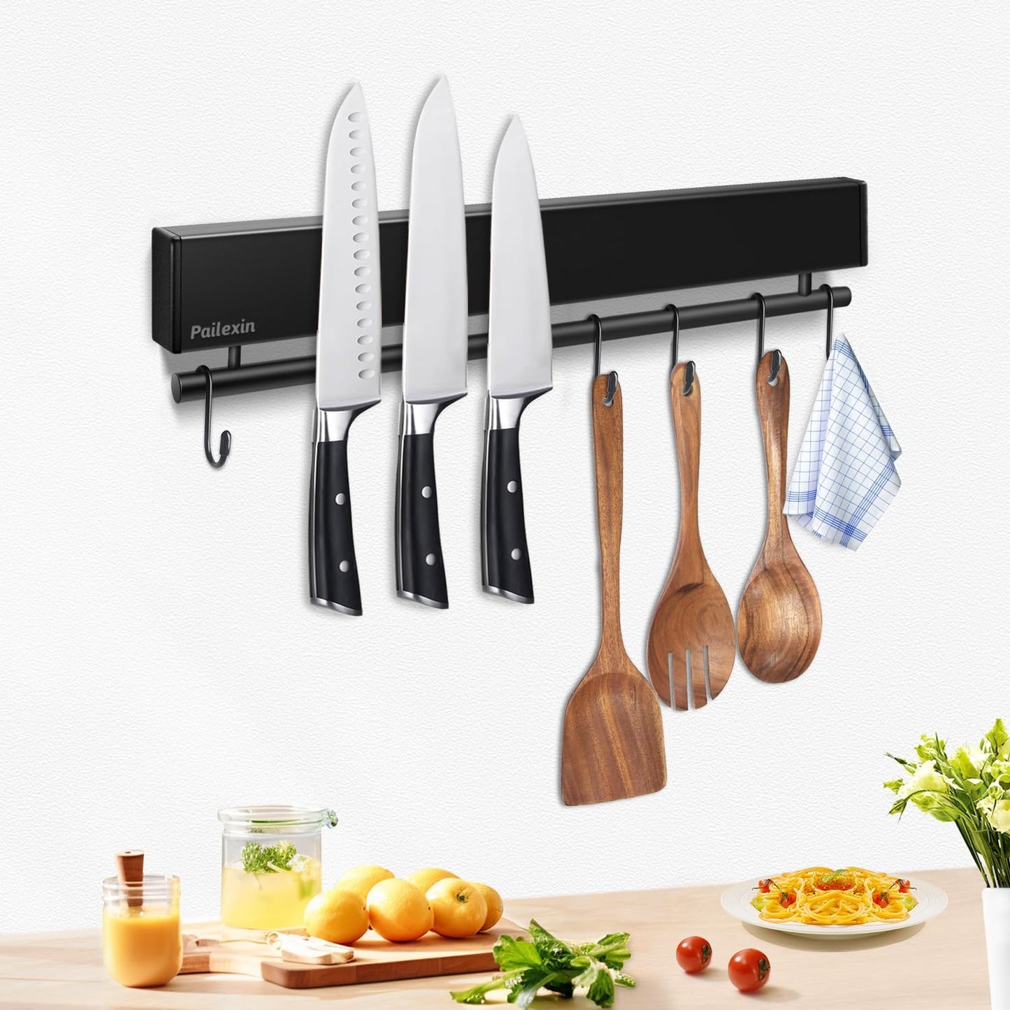 Portacuchillos magnético 12pulg 5 ganchos negro colgador utensilios